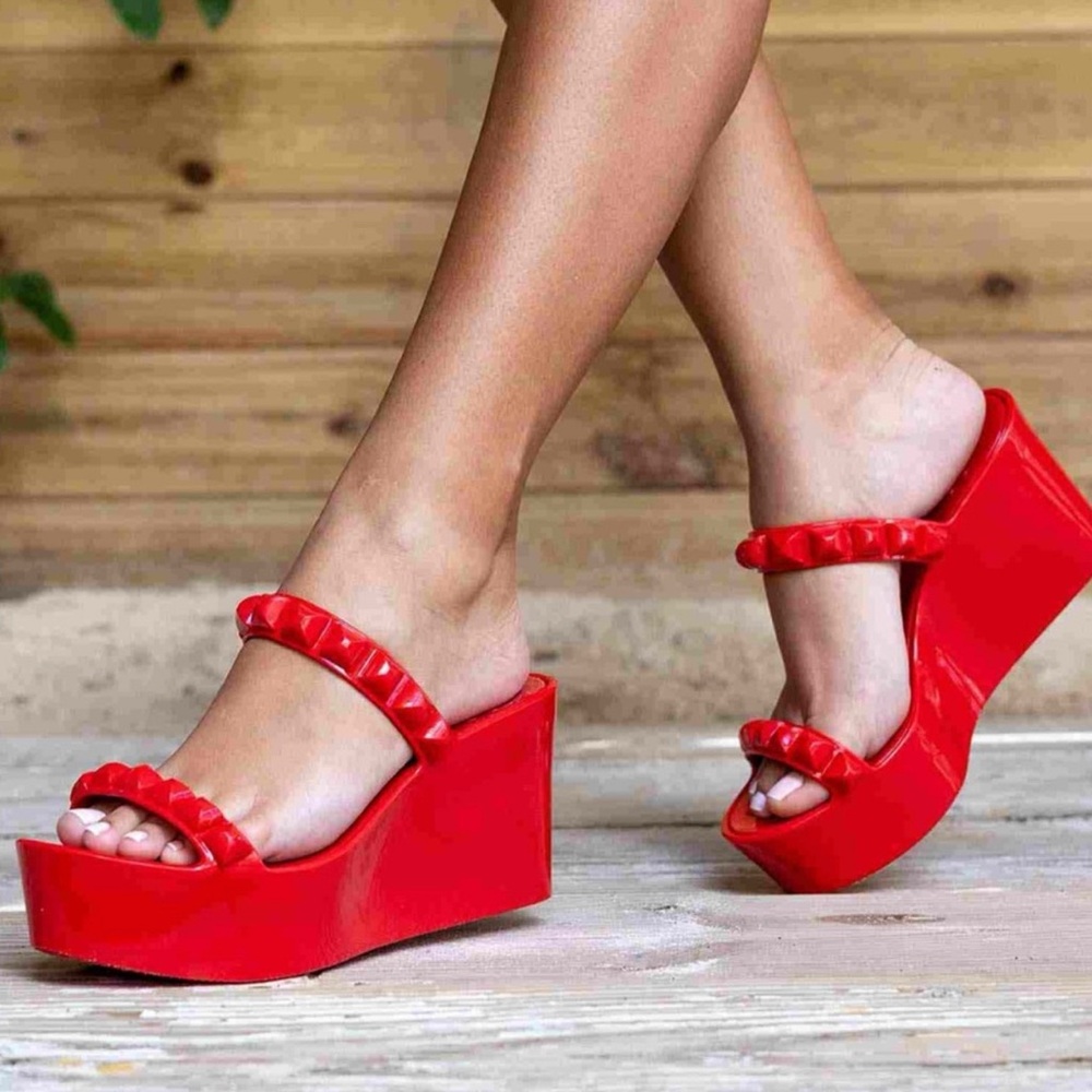 Red Platform Wedge Heels with Studded Straps